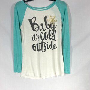 Colorbear Women's Teal and White Baseball Tee 'Baby it's cold outside' Size S
